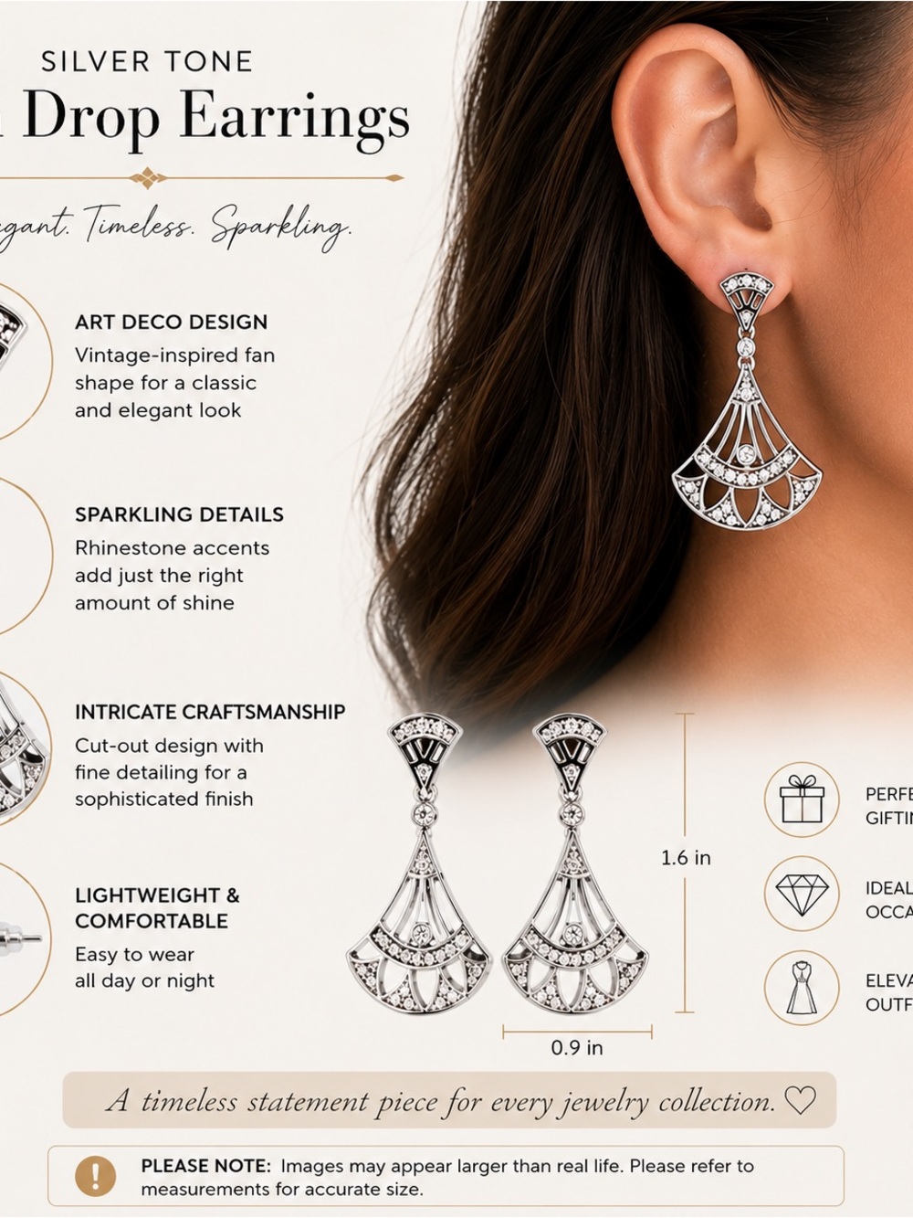 Silver Tone Art Deco Drop Earrings with Rhinestones